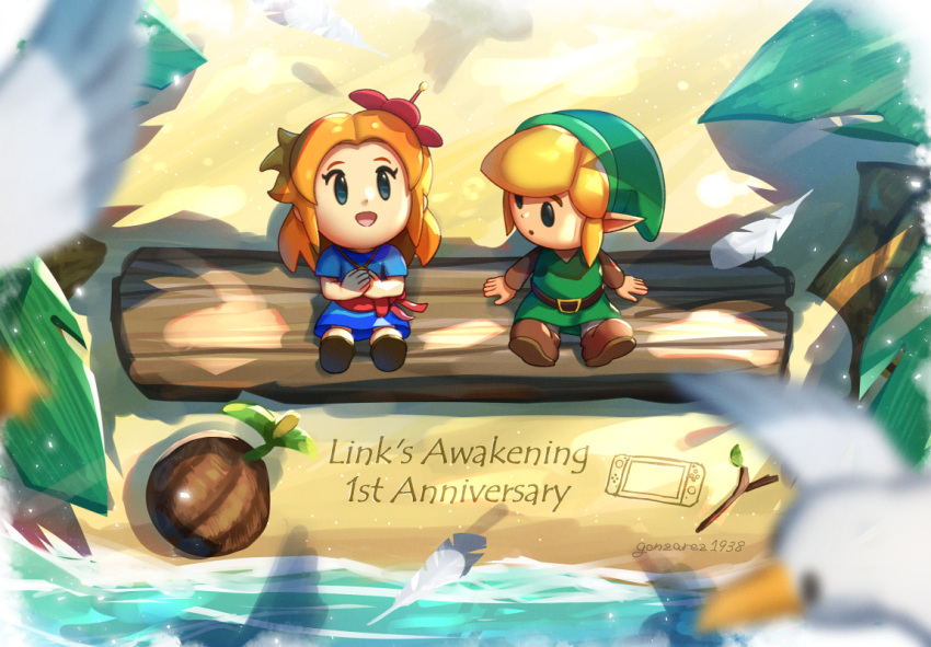 1boy 1girl beach blonde_hair blue_dress chibi dress feathers flower gonzarez green_headwear green_tunic hair_flower hair_ornament link looking_at_another looking_up marin_(the_legend_of_zelda) orange_hair palm_tree pointy_ears sand_writing the_legend_of_zelda the_legend_of_zelda:_link's_awakening tree