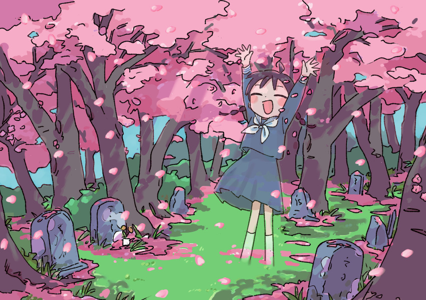 1girl 1nupool ^_^ ^o^ arms_up bangs blouse blue_blouse blue_skirt blush_stickers braid brown_hair cherry_blossoms closed_eyes dappled_sunlight day dot_nose facing_viewer fading falling_petals floating_hair flower full_body ghost grass graveyard happy highres kneehighs legs_apart long_hair low_twintails medium_skirt neckerchief no_feet open_hands open_mouth original outdoors petals sailor_collar scenery school_uniform serafuku shade skirt sleeve_cuffs smile solo sunlight tombstone tree_shade twin_braids twintails white_legwear white_neckerchief white_sailor_collar wind