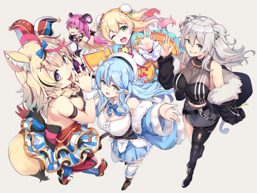 5girls ahoge animal_ears bangs bare_shoulders beret blonde_hair blue_hair blush bow braid breasts bun_cover detached_sleeves double_bun earrings elf eyebrows_visible_through_hair fennec_fox flower fox_ears fox_girl fur-trimmed_jacket fur_trim green_eyes grey_eyes grey_hair hair_between_eyes hair_flower hair_ornament hat heart highres hololive jacket jester_cap jewelry large_breasts lion_ears lion_girl long_hair looking_at_viewer mano_aloe momosuzu_nene multicolored_hair multiple_girls muneshiro_(hitsuji_kikaku) necklace omaru_polka open_mouth pink_hair pointy_ears shirt shishiro_botan smile violet_eyes virtual_youtuber yellow_eyes yukihana_lamy