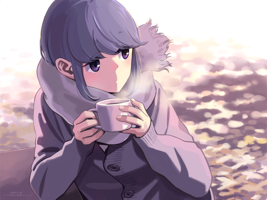 1girl blue_hair cardigan cup dated has_bad_revision has_downscaled_revision highres holding holding_cup horikou mug scarf shima_rin solo steam violet_eyes yurucamp