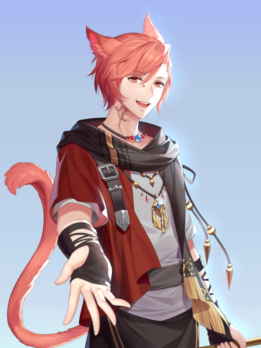 1boy animal_ears aquarius_(artist) bangs black_gloves black_jacket black_pants black_scarf blue_background cat_boy cat_ears cat_tail commentary final_fantasy final_fantasy_xiv fingerless_gloves g'raha_tia gloves highres holding jacket jewelry looking_at_viewer male_focus miqo'te neck_tattoo necklace open_mouth pants reaching_out red_eyes red_jacket scarf shirt short_hair short_sleeves simple_background smile solo tail tattoo two-tone_jacket upper_body upper_teeth white_shirt