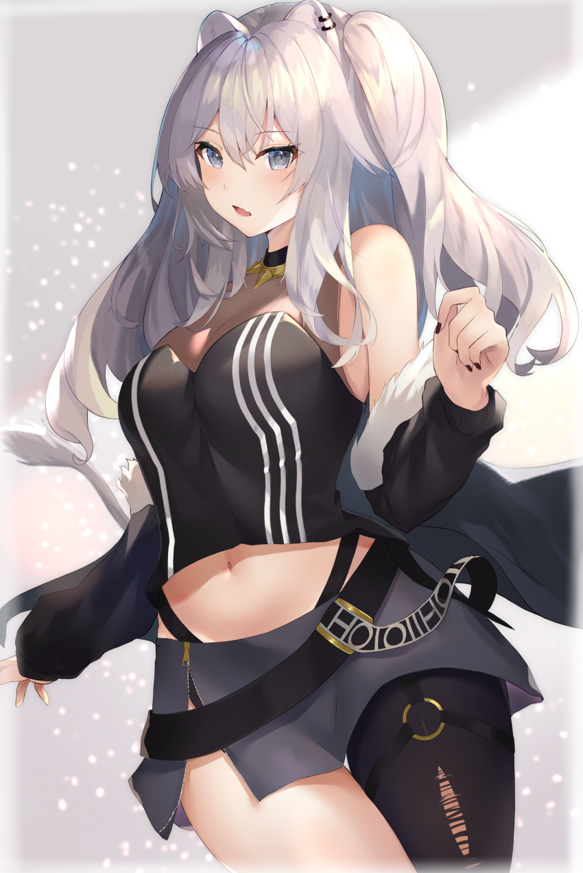 1girl absurdres animal_ears blue_eyes blush border earrings fang gradient gradient_background grey_background highres hololive jewelry lion_ears lion_girl lion_tail long_hair looking_at_viewer one_side_up open_mouth shiina_aoi shishiro_botan sidelocks silver_hair skin_fang solo tail virtual_youtuber