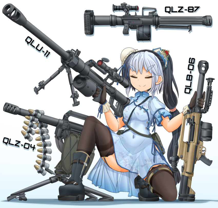 1girl ammunition_belt bangs black_footwear black_gloves black_hair black_legwear blue_dress blue_hair boots bun_cover china_dress chinese_clothes closed_mouth combat_boots commentary_request covered_navel dress facing_viewer floral_print garter_straps gloves grenade_launcher gun hair_bun hair_ornament harness high_collar highres holding holding_weapon long_hair low-tied_long_hair mikeran_(mikelan) multicolored_hair one_knee original pouch print_dress qlb-06 qlu-11 qlz-04 qlz-87 scope shadow short_dress short_sleeves side_ponytail side_slit smile smug solo thick_eyebrows thigh-highs tripod two-tone_hair v-shaped_eyebrows weapon white_background