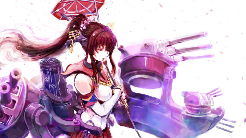 1girl bangs breasts brown_hair closed_eyes detached_sleeves flower hair_flower hair_ornament headgear highres holding holding_umbrella kantai_collection large_breasts long_hair long_sleeves oriental_umbrella petals ponytail red_skirt rigging sidelocks simple_background skirt solo sowamame umbrella upper_body white_background yamato_(kantai_collection)