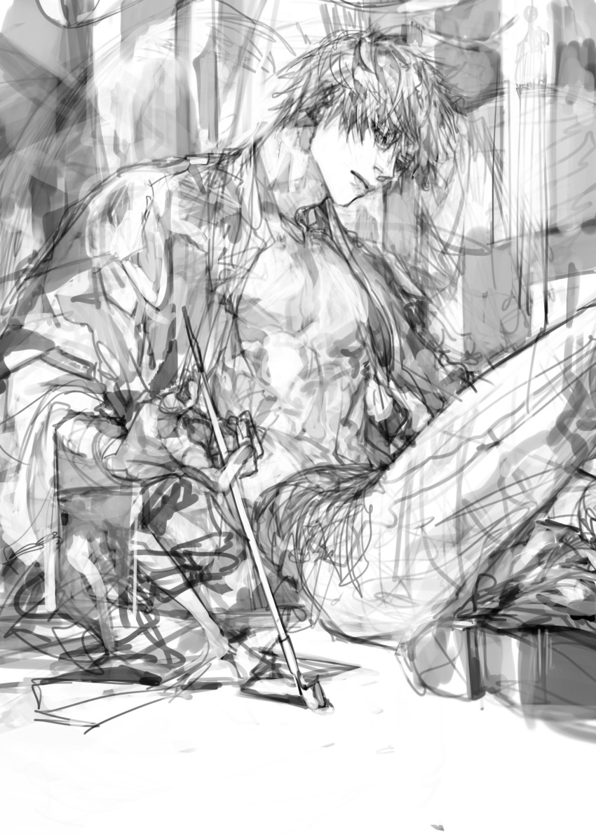 1boy absurdres bare_chest bishounen closed_mouth fingernails greyscale haban_(haban35) highres holding holding_pipe long_sleeves male_focus monochrome original pipe sitting sketch solo wide_sleeves