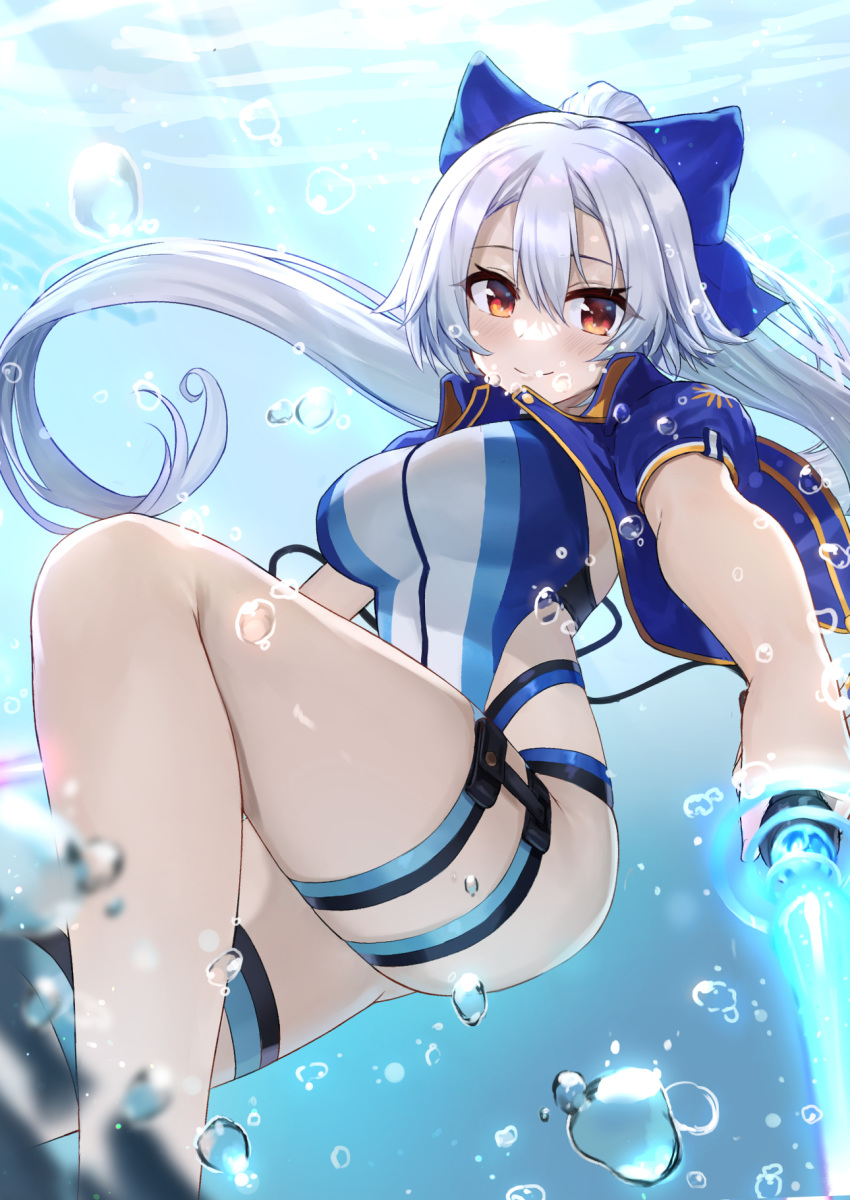 1girl air_bubble ayul_(ayulneri_92) bangs blue_bow blue_jacket blue_swimsuit blush bow breasts bubble dual_wielding energy_sword fate/grand_order fate_(series) floating_hair freediving hair_between_eyes hair_bow highleg highleg_swimsuit highres holding holding_sword holding_weapon jacket knee_up large_breasts long_hair looking_at_viewer one-piece_swimsuit open_clothes open_jacket ponytail red_eyes short_sleeves silver_hair smile solo swimsuit sword thigh_strap thighs tomoe_gozen_(fate/grand_order) tomoe_gozen_(swimsuit_saber)_(fate) two-tone_swimsuit underwater very_long_hair water weapon white_swimsuit