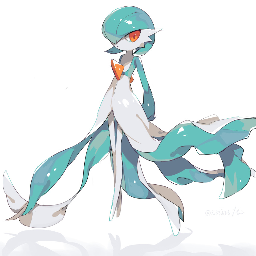 1other :&lt; absurdres ambiguous_gender arms_behind_back bangs bare_legs closed_mouth commentary_request dress flat_chest full_body gardevoir gen_3_pokemon green_hair hideko_(l33l3b) highres long_dress long_legs looking_at_viewer orange_eyes pokemon reflective_floor short_hair signature simple_background skinny solo standing tsurime twitter_username v-shaped_eyes white_background white_skin