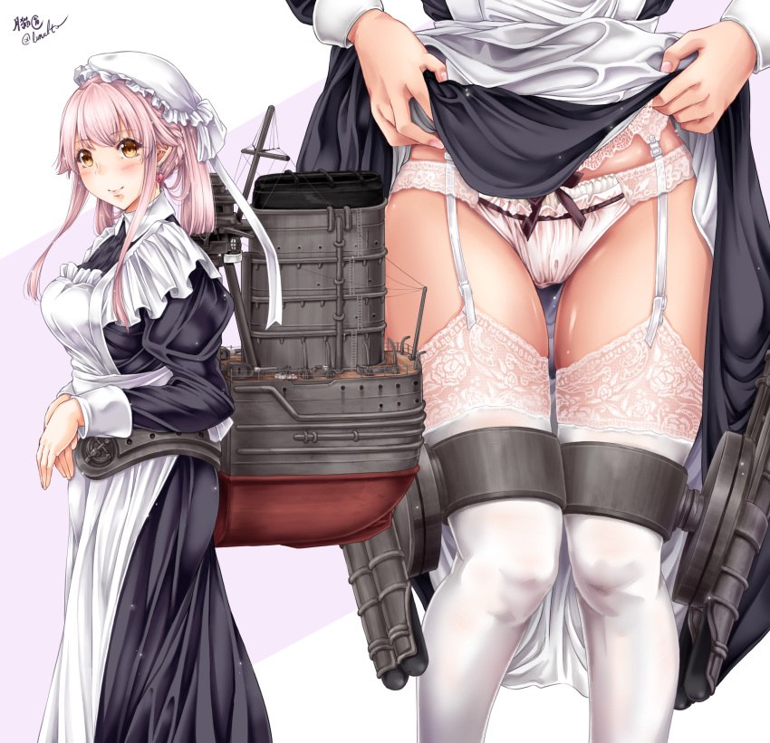 1girl alternate_costume alternate_hairstyle apron apron_lift black_dress dress dress_lift earrings enmaided garter_belt heart heart_earrings highres jewelry kantai_collection lace lace-trimmed_legwear lifted_by_self long_sleeves maid maid_apron panties pink_hair puffy_long_sleeves puffy_sleeves rigging smokestack thigh-highs thigh_strap torpedo_tubes tsukineko underwear white_apron white_legwear white_panties yellow_eyes yura_(kantai_collection)