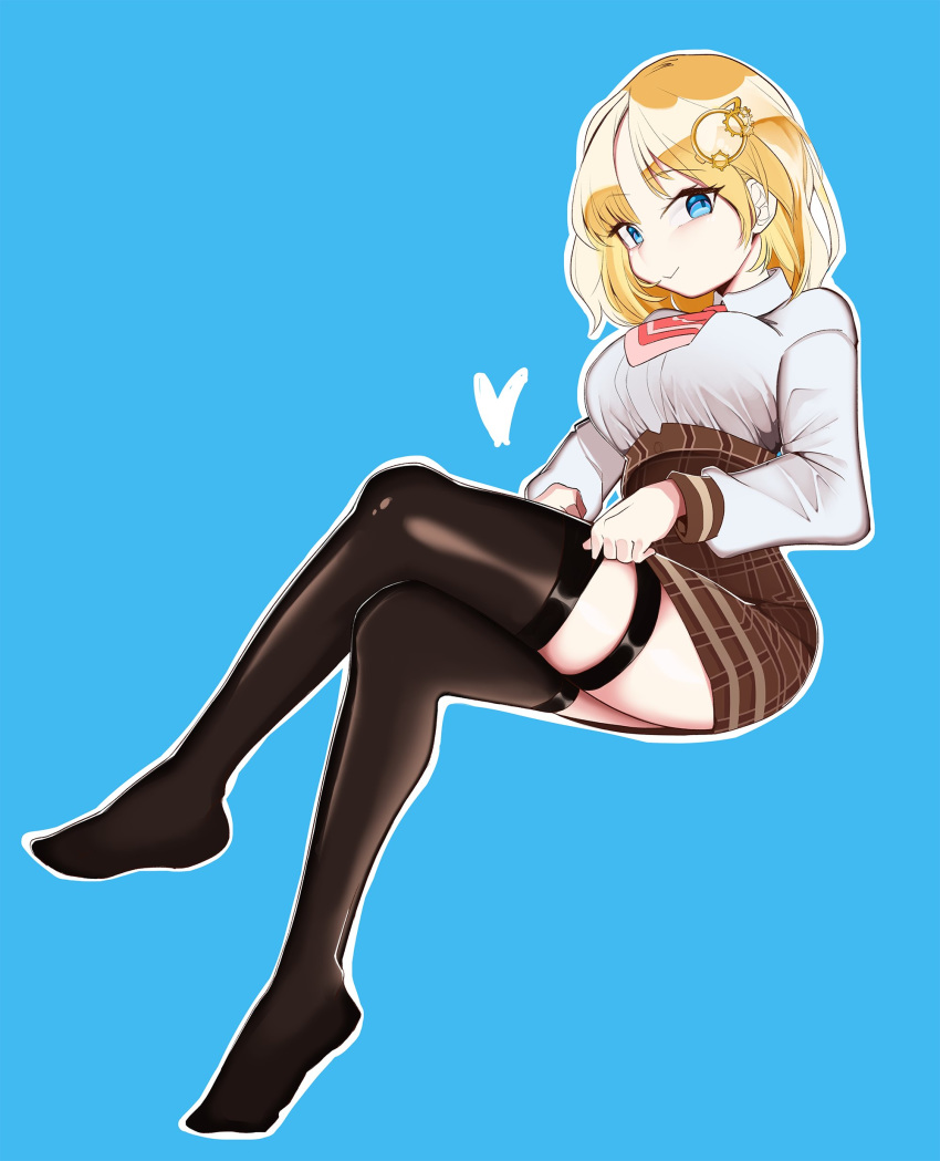 1girl :&gt; absurdres blonde_hair blue_background blue_eyes breasts brown_legwear brown_skirt crossed_legs full_body garter_straps hair_ornament heart high-waist_skirt highres hololive invisible_chair juicycloney large_breasts legs long_hair long_sleeves looking_at_viewer necktie no_shoes outline plaid plaid_skirt red_neckwear shirt short_necktie simple_background sitting skirt smirk solo thigh-highs thighhighs_pull thighs underbust virtual_youtuber watson_amelia white_outline white_shirt