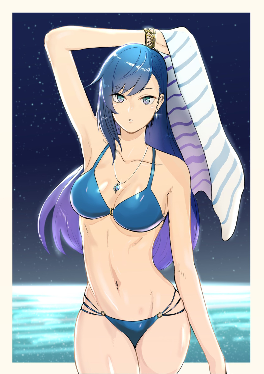 1girl bikini blue_bikini blue_eyes blue_hair breasts commentary_request feet halterneck highres long_hair looking_at_viewer maria_traydor medium_breasts riku_(ukir125) sandals simple_background solo star_ocean star_ocean_anamnesis star_ocean_till_the_end_of_time string_bikini swimsuit