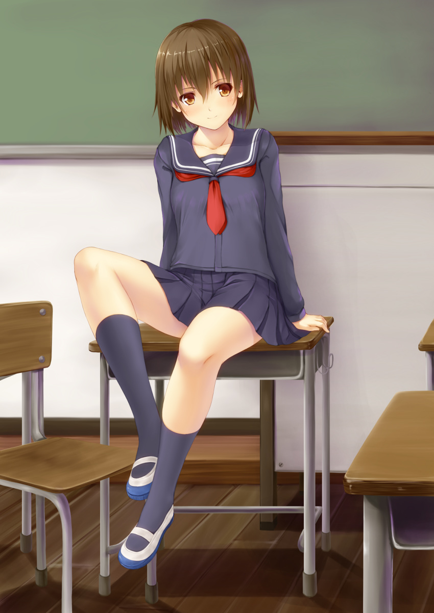 1girl arm_support bangs blue_legwear blush brown_hair chair chalkboard classroom collarbone desk hair_between_eyes highres indoors knee_up kneehighs looking_at_viewer neckerchief on_desk orange_eyes original orishin pleated_skirt sailor_collar school school_chair school_desk school_uniform serafuku shoes short_hair sitting skirt smile solo uwabaki wooden_floor