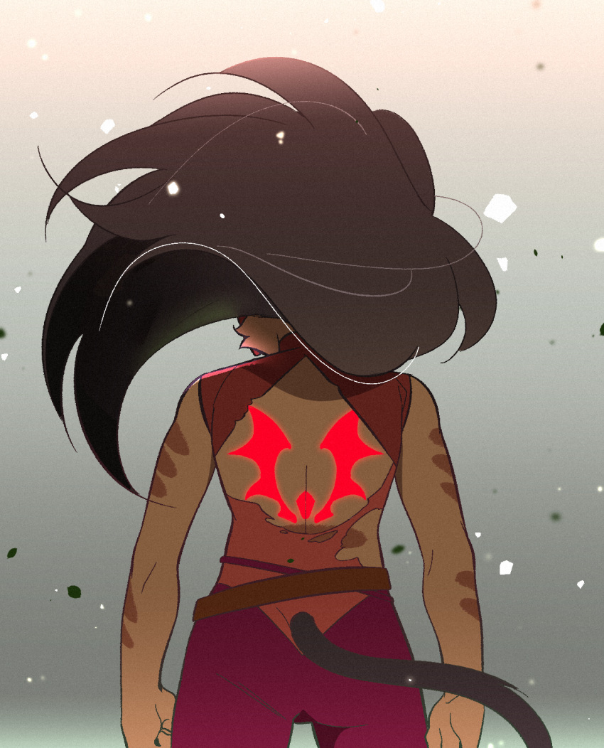 1girl adora_(she-ra) ass back back_cutout back_tattoo belt cat_girl catra from_behind glowing_tattoo highres loose_belt masters_of_the_universe she-ra_and_the_princesses_of_power solo su_ggushi tail tattoo torn_clothes