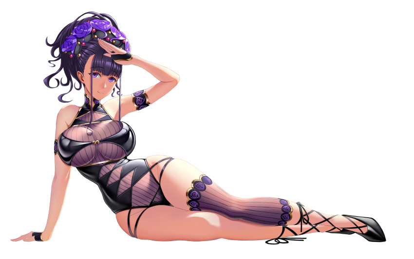 1girl arm_support armlet black_footwear black_swimsuit breasts fate/grand_order fate_(series) flower full_body gloves gold_trim hair_flower hair_ornament hair_up half_gloves highleg highleg_swimsuit highres large_breasts murasaki_shikibu_(swimsuit_rider)_(fate) one-piece_swimsuit purple_flower purple_hair simple_background single_thighhigh smile solo swimsuit thigh-highs violet_eyes w-y white_background