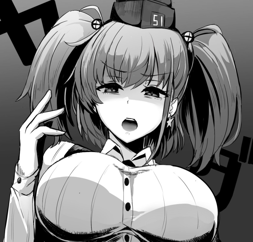 1girl atlanta_(kantai_collection) breasts commentary_request dress_shirt earrings garrison_cap greyscale hat jewelry kantai_collection kihou_no_gotoku_dmc large_breasts long_hair long_sleeves looking_at_viewer monochrome open_mouth shirt solo star_(symbol) star_earrings translation_request two_side_up upper_teeth