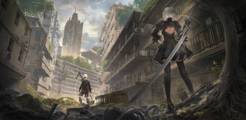 1boy 1girl absurdres back_cutout black_dress black_footwear black_gloves black_jacket blindfold boots building closed_mouth clouds cloudy_sky double-breasted dress gloves hand_on_hip high_heel_boots high_heels highres jacket juliet_sleeves long_sleeves long_sword nier_(series) nier_automata outdoors post-apocalypse puffy_sleeves rayxray roots ruins scenery short_dress short_hair sky skyscraper sword thigh-highs thigh_boots tire tree weapon white_hair yorha_no._2_type_b yorha_no._9_type_s