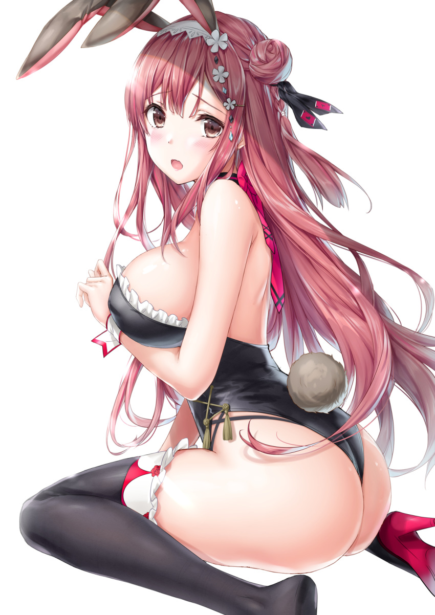 1girl :o animal_ears ass bangs bare_back bare_shoulders black_legwear black_leotard blush breasts brown_eyes bunny_ears bunny_girl bunny_tail bunnysuit fake_animal_ears fake_tail frills hair_ornament high_heels highres kyariko large_breasts leotard long_hair looking_at_viewer looking_back open_mouth original pink_footwear pink_hair rabbit_ears shoes side_bun sideboob sidelocks simple_background single_shoe sitting sleeveless solo tail thigh-highs wariza white_background wrist_cuffs