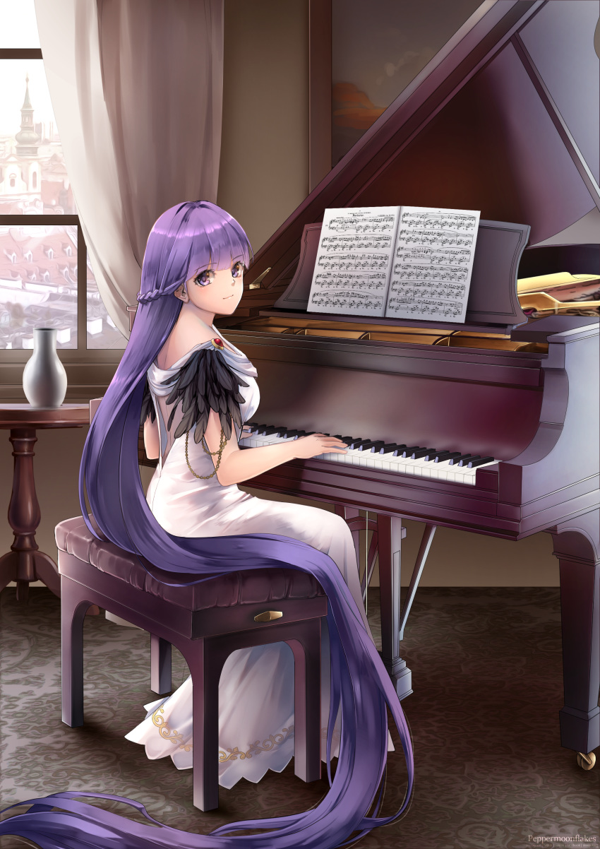 1girl absurdly_long_hair absurdres backless_dress backless_outfit black_feathers braid breasts closed_mouth commission commissioner_upload curtains dress eyebrows_visible_through_hair feathers fire_emblem fire_emblem:_the_binding_blade fire_emblem_cipher fire_emblem_heroes french_braid full_body grand_piano highres hood indoors instrument long_dress long_hair looking_at_viewer medium_breasts music painting_(object) peppermoonflakes piano piano_bench piano_keys playing_instrument playing_piano purple_hair room sheet_music signature sitting smile solo sophia_(fire_emblem) table town vase very_long_hair violet_eyes watermark white_curtains white_dress window