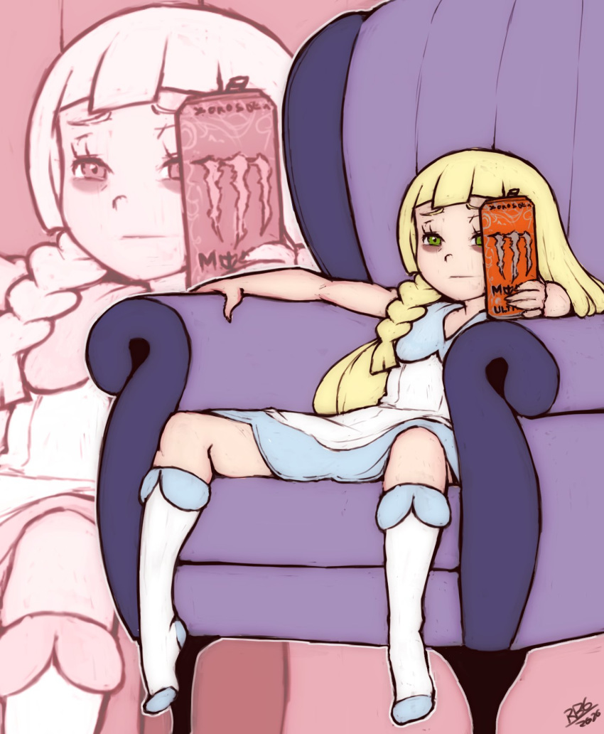 1girl bags_under_eyes bangs blonde_hair braid can closed_mouth couch dress energy_drink green_eyes highres holding holding_can lillie_(pokemon) long_hair meme monster_energy multiple_views on_couch pokemon pokemon_(game) pokemon_sm randomboobguy signature sitting socks spread_legs
