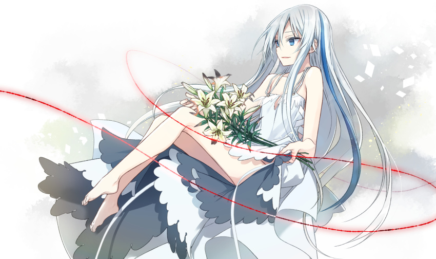 1girl androgynous bangs bare_shoulders barefoot blue_eyes blue_hair dress flower hair_between_eyes highres lily_(flower) long_hair looking_away mikoto_kei open_mouth original simple_background smile string very_long_hair white_dress white_hair white_lily