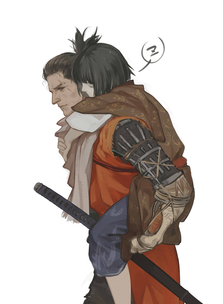 2boys bangs black_hair blue_pants brown_kimono carrying closed_eyes coat commentary_request facial_hair foot_out_of_frame from_side grey_hair grey_scarf highres japanese_clothes katana kimono kuro_the_divine_heir layered_sleeves long_sleeves male_focus multicolored_hair multiple_boys orange_coat pants piggyback print_kimono prosthesis prosthetic_arm scarf sekiro sekiro:_shadows_die_twice sheath sheathed short_hair simple_background sleeping streaked_hair sword topknot torn_coat vetania weapon white_background yaoi