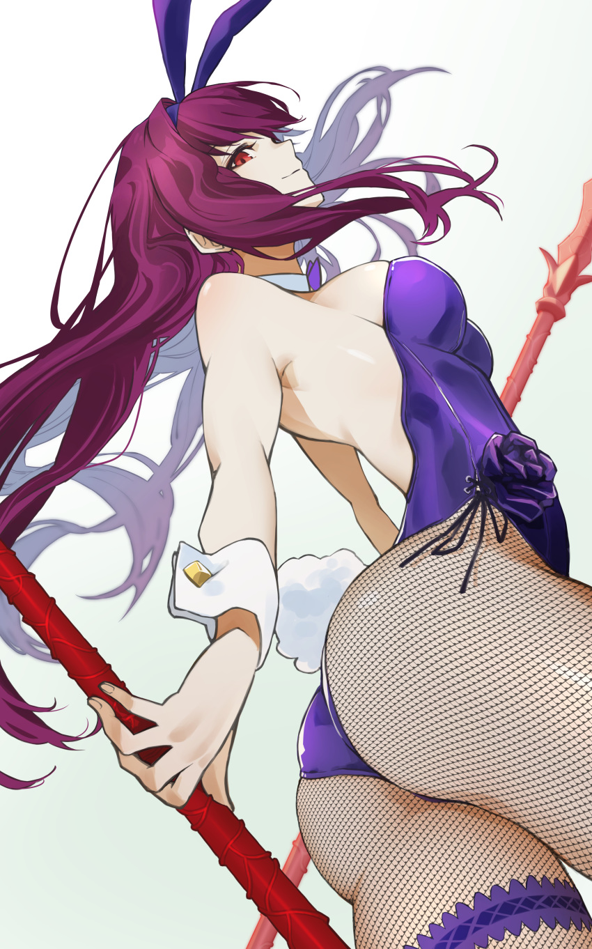 1girl absurdres animal_ears ass bow bowtie breasts bunny_girl bunny_tail bunnysuit commentary_request detached_collar fake_animal_ears fake_tail fate/grand_order fate_(series) fishnet_legwear fishnets gae_bolg highres leotard looking_at_viewer omagacchu rabbit_ears scathach_(fate)_(all) scathach_(fate/grand_order) smirk strapless strapless_leotard tail wrist_cuffs