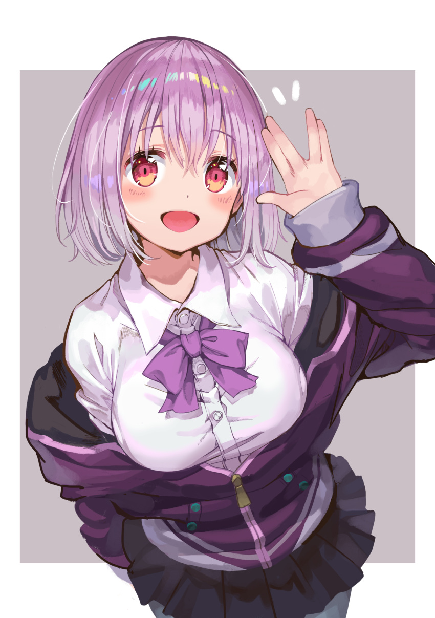 1girl :d absurdres bangs black_skirt blush bow breasts collared_shirt hair_between_eyes hand_up highres jacket large_breasts light_purple_hair long_sleeves looking_at_viewer m2_(guvn5745) off-shoulder_jacket open_mouth pantyhose pleated_skirt purple_bow purple_jacket red_eyes salute school_uniform shinjou_akane shirt short_hair skirt smile solo ssss.gridman vulcan_salute white_shirt