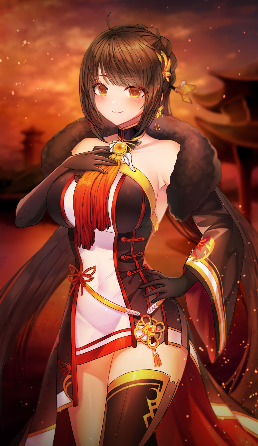 1girl absurdres alternate_breast_size ara_haan asymmetrical_legwear asymmetrical_sleeves bangs bindong black_gloves black_legwear blurry blurry_background blush breasts brown_hair closed_mouth dress elbow_gloves elsword eyebrows_visible_through_hair gloves highres large_breasts long_sleeves shiny shiny_hair short_dress short_hair single_thighhigh sleeveless sleeveless_dress smile solo standing strapless strapless_dress swept_bangs thigh-highs tube_dress wide_sleeves yama_raja_(elsword) yellow_eyes