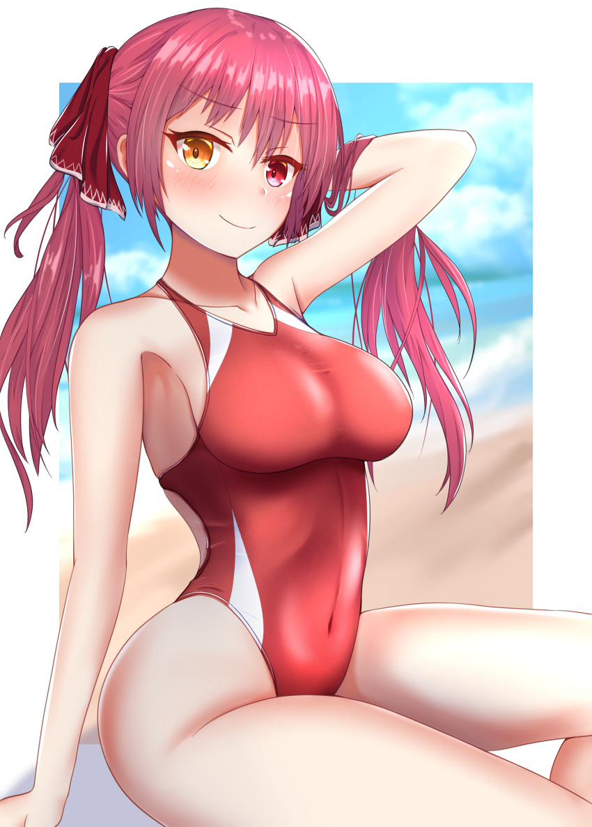 1girl absurdres beach blurry breasts commentary_request competition_swimsuit depth_of_field eyebrows_visible_through_hair heterochromia hibika highleg highleg_swimsuit highres hololive houshou_marine large_breasts long_hair looking_at_viewer one-piece_swimsuit red_eyes red_swimsuit redhead sitting solo swimsuit twintails virtual_youtuber yellow_eyes