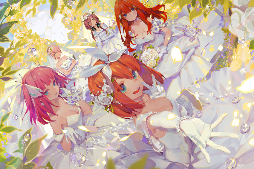 5girls blue_eyes bride dress everyone flower go-toubun_no_hanayome highres long_hair looking_at_viewer multiple_girls nakano_ichika nakano_itsuki nakano_miku nakano_nino nakano_yotsuba short_hair water_drop wedding_dress zero1510