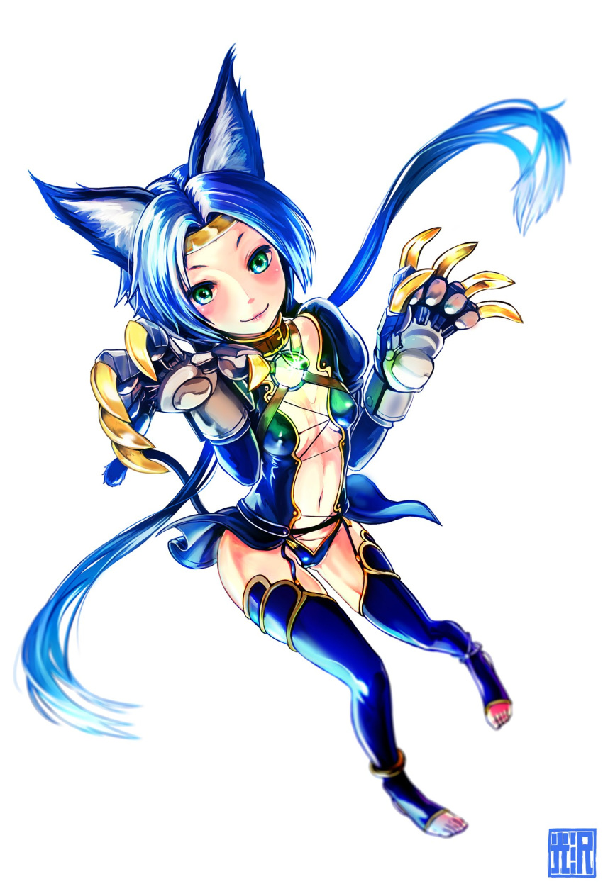 1girl animal_ears blue_hair cat_ears cat_tail closed_mouth commentary_request gloves green_eyes highres long_hair looking_at_viewer meracle_chamlotte navel o-ring panties seigetsu_kotaku simple_background smile solo star_ocean star_ocean_the_last_hope tail thigh-highs toeless_legwear twintails underwear white_background