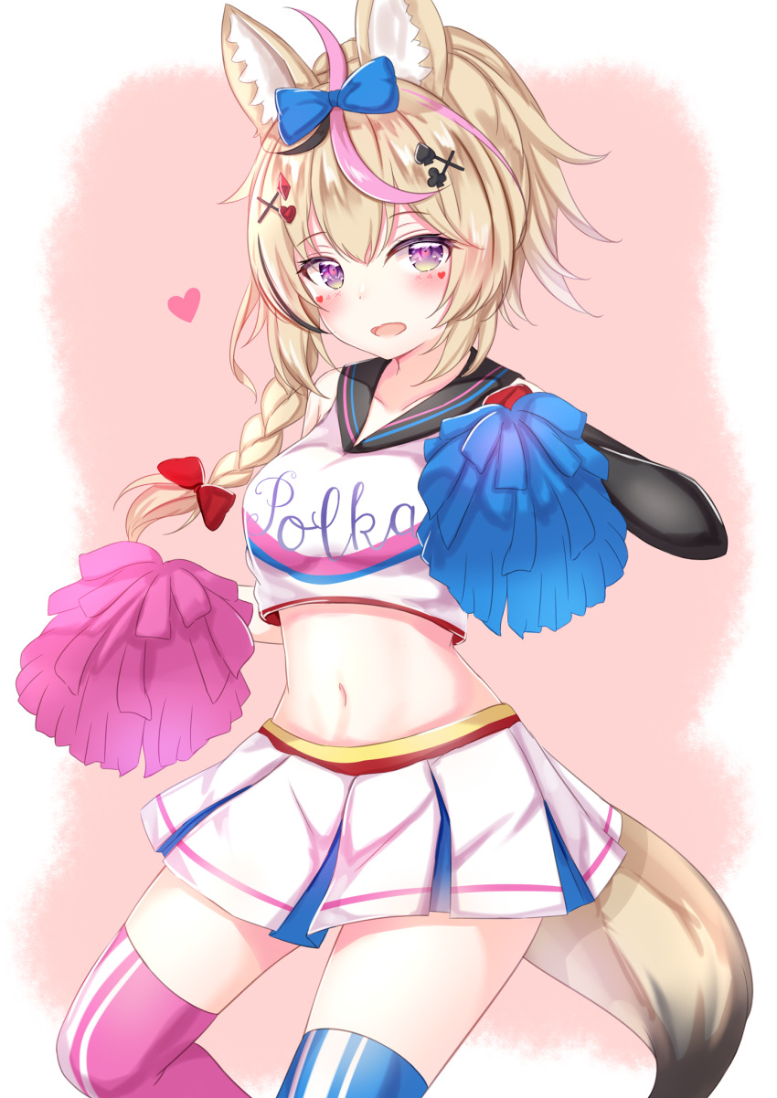 1girl ahoge animal_ears blonde_hair blue_legwear bow braid breasts cheerleader clothes_writing collarbone crop_top crop_top_overhang facial_mark fox_ears fox_girl fox_tail hair_bow hair_ornament heart highres holding holding_pom_poms hololive long_hair looking_at_viewer medium_breasts midriff miniskirt mismatched_legwear multicolored_hair navel omaru_polka open_mouth pink_legwear pleated_skirt pom_poms ponytail sailor_collar shirt single_braid skirt sleeveless sleeveless_shirt solo stomach streaked_hair tail thigh-highs thighs violet_eyes virtual_youtuber white_shirt white_skirt x_hair_ornament yuano zettai_ryouiki