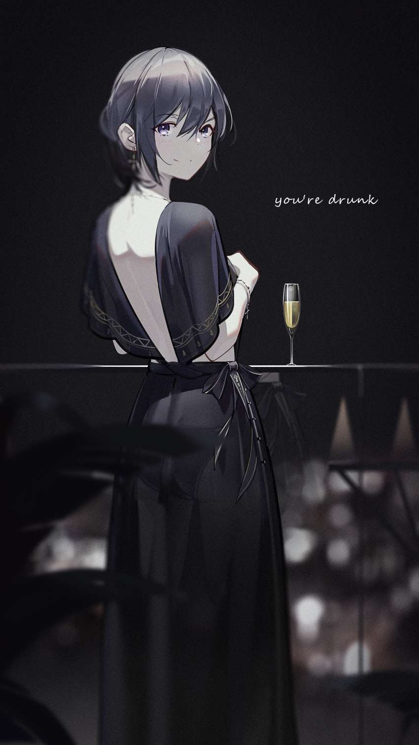1girl absurdres alcohol ass backless_dress backless_outfit bangs black_dress black_hair black_panties black_ribbon blurry blurry_background bracelet closed_mouth cup dark depth_of_field dress drinking_glass earrings english_text feet_out_of_frame gown highres jewelry looking_at_viewer looking_back mumu_(user_gsny3334) necklace original pale_skin panties plant ribbon see-through short_sleeves sidelocks smile solo standing underwear updo violet_eyes wine wine_glass