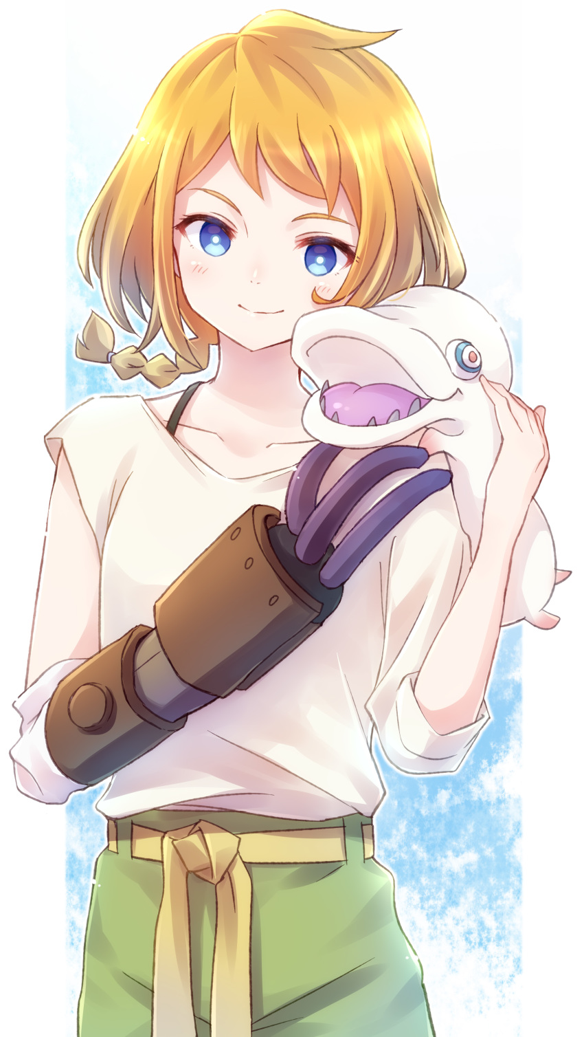 1girl absurdres blue_eyes braid creature decadence_(anime) highres holding natsume_(decadence) nyaa_(nnekoron) orange_hair pipe_(decadence) prosthesis prosthetic_arm sharp_teeth simple_background teeth