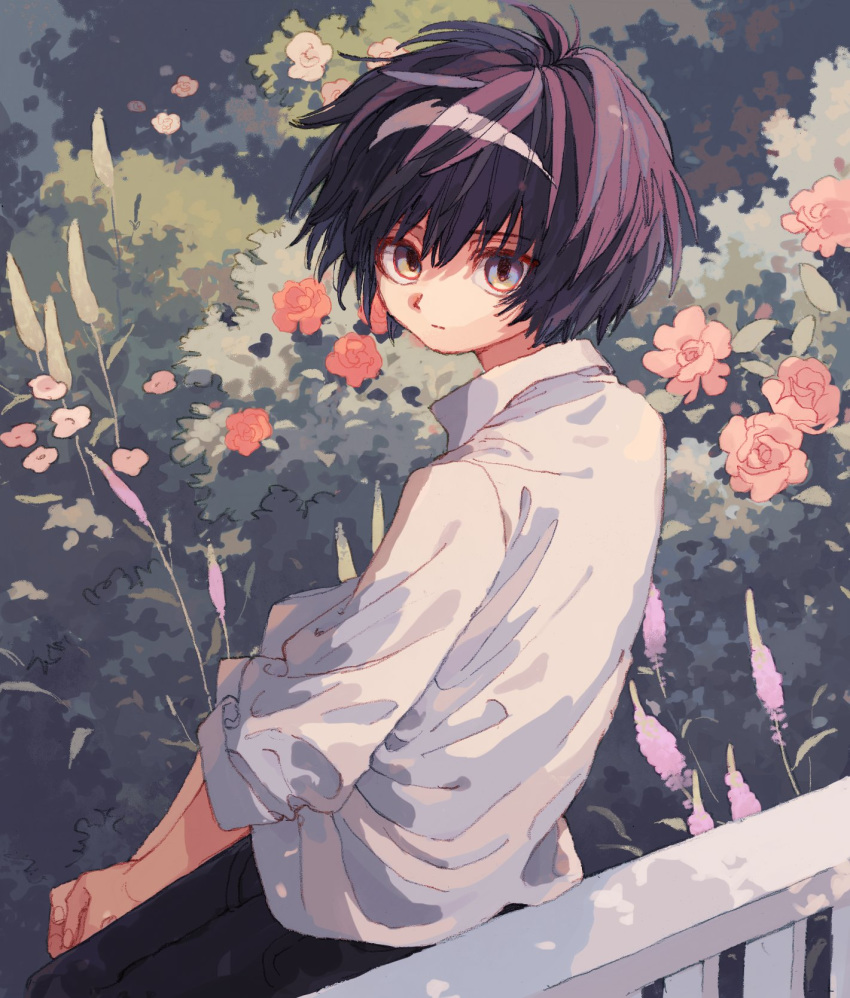 1girl androgynous black_hair black_pants bush collared_shirt expressionless flower highres ka_(marukogedago) leaning long_sleeves looking_at_viewer original pants pink_flower plant purple_flower red_flower shirt short_hair solo upper_body white_shirt