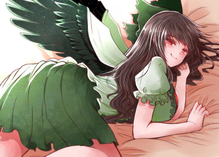 1girl all_fours arano_oki ass bare_legs bed black_hair blush breasts chin_rest eyebrows_visible_through_hair hair_ribbon large_breasts light long_hair looking_at_viewer looking_back lying red_eyes reiuji_utsuho ribbon sheet_grab smile solo touhou wings