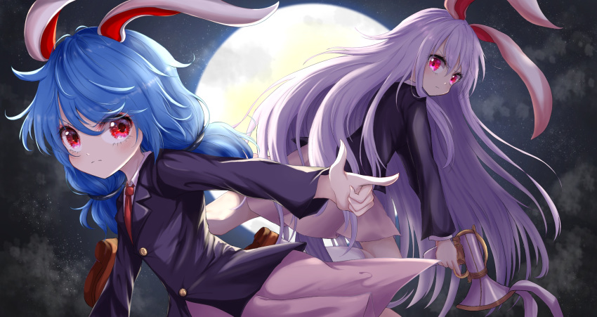 2girls alternate_costume animal_ears blue_hair clouds commentary_request cosplay finger_gun full_moon gun highres holding holding_gun holding_weapon kayon_(touzoku) light_frown long_hair long_sleeves looking_at_viewer low_twintails lunatic_gun moon multiple_girls necktie night outdoors outstretched_hand pink_skirt purple_hair rabbit_ears red_eyes red_neckwear reisen_udongein_inaba reisen_udongein_inaba_(cosplay) seiran_(touhou) shirt short_hair skirt suit_jacket touhou touhou_lost_word twintails very_long_hair weapon white_shirt