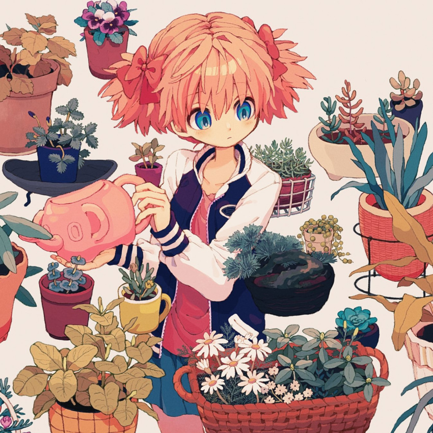 1girl bangs basket blue_eyes blue_skirt closed_mouth collarbone cowboy_shot cup daisy dot_nose expressionless eyebrows_visible_through_hair flower flower_basket flower_pot grey_background hair_between_eyes hair_ornament hair_ribbon hands_up highres holding holding_watering_can jacket ka_(marukogedago) long_sleeves looking_away looking_to_the_side mug muted_color open_clothes open_jacket original pink_hair pink_shirt plant pleated_skirt puffy_sleeves purple_flower red_ribbon ribbon shirt short_hair short_twintails simple_background skirt sleeve_cuffs solo tareme twintails watering_can white_flower