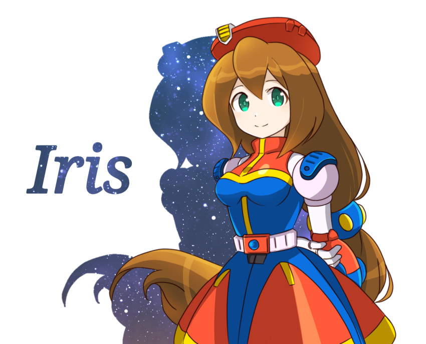 1girl 398sky android arms_behind_back beret blush breasts brown_hair character_name commentary green_eyes hair_between_eyes hat iris_(rockman_x) long_hair looking_at_viewer low-tied_long_hair medium_breasts rockman rockman_x shadow simple_background smile solo