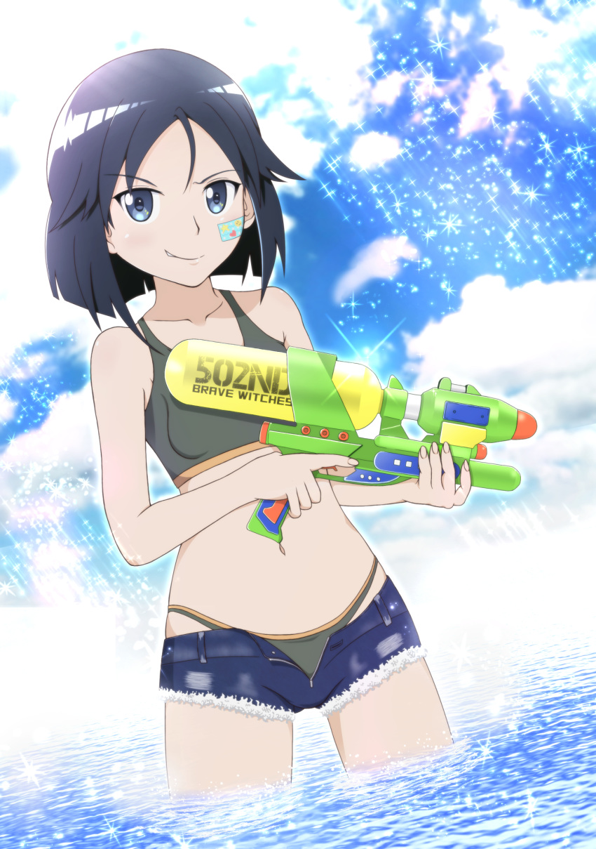 1girl bandaid bandaid_on_face bikini black_bikini black_hair blue_eyes blue_shorts blush brave_witches breasts clouds cloudy_sky collarbone eyebrows_visible_through_hair highres kanno_naoe looking_at_viewer open_clothes open_shorts outddors shiny shiny_hair short_hair short_shorts shorts sky small_breasts smile smirk solo sparkle standing swimsuit swimwear water_gun world_witches_series