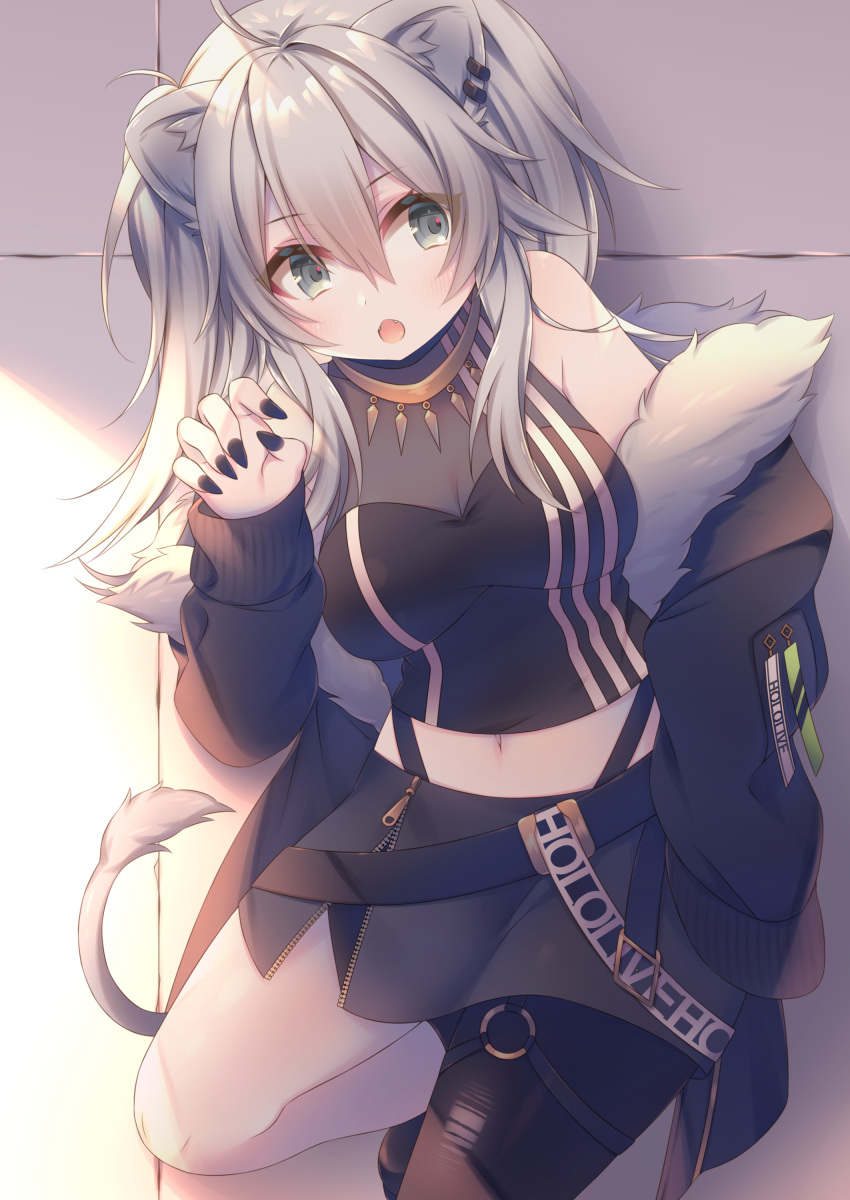 1girl absurdres against_wall ahoge animal_ears anju_(mocomocousagi) bare_shoulders black_jacket black_legwear black_nails black_shirt breasts claw_pose earrings eyebrows_visible_through_hair eyelashes eyes_visible_through_hair fangs fur-trimmed_jacket fur_trim grey_eyes grey_hair hair_between_eyes highres hololive jacket jewelry large_breasts leaning leg_up lion_ears lion_girl lion_tail long_hair looking_at_viewer midriff nail_polish navel necklace off_shoulder open_mouth sheer_clothes shirt shishiro_botan single_thighhigh sleeves_past_fingers sleeves_past_wrists solo strap tail thigh-highs virtual_youtuber zipper