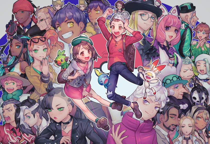 6+boys 6+girls ahoge allister_(pokemon) artist_name asymmetrical_bangs avery_(pokemon) backpack bag bangs baseball_cap bea_(pokemon) beanie bede_(pokemon) beige_headwear black_hair black_hairband black_headwear black_hoodie black_jacket black_neckwear blonde_hair bob_cut boots bow_hairband brown_backpack brown_eyes brown_footwear brown_hair buttons cable_knit cardigan coat collared_dress collared_shirt commentary_request cravat curly_hair dark_skin dark_skinned_male denim dress dynamax_band earrings eyeshadow eyewear_on_head facial_hair freckles fur_jacket fur_trim galar_mother gen_8_pokemon glasses gloria_(pokemon) gordie_(pokemon) green_eyes green_headwear green_legwear grey_cardigan grey_eyes grey_hair grey_headwear grookey gym_leader hair_between_eyes hair_ribbon hairband hat highres holding holding_poke_ball honey_(pokemon) hooded_cardigan hoop_earrings hop_(pokemon) jacket jeans jewelry kabu_(pokemon) klara_(pokemon) leon_(pokemon) long_hair magnolia_(pokemon) makeup marnie_(pokemon) mask mature melony_(pokemon) milo_(pokemon) mole mole_under_mouth multicolored_hair multiple_boys multiple_girls mustard_(pokemon) necktie nessa_(pokemon) old_man old_woman oleana_(pokemon) opal_(pokemon) open_mouth orange_hair pants piers_(pokemon) pink_dress pink_eyeshadow pink_hair pink_lips plaid plaid_legwear poke_ball poke_ball_(basic) pokemon pokemon_(creature) pokemon_(game) pokemon_swsh popped_collar purple_eyeshadow purple_hair raihan_(pokemon) red_lips red_neckwear red_ribbon red_shirt ribbon rose_(pokemon) round_eyewear sakai_(motomei) scorbunny shielbert_(pokemon) shirt shoes short_hair short_sleeves siblings side_ponytail sleeves_rolled_up smile sobble socks sonia_(pokemon) sordward_(pokemon) starter_pokemon_trio suitcase sun_hat sunglasses swept_bangs tam_o'_shanter teeth top_hat torn_clothes torn_jeans torn_pants towel towel_around_neck two-tone_hair victor_(pokemon) violet_eyes white_coat white_hair white_headwear white_jacket white_shirt