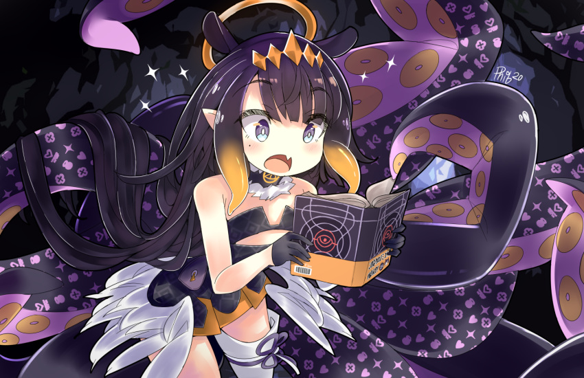 1girl bangs bare_shoulders black_dress black_gloves blue_eyes blunt_bangs blush book commentary detached_collar dress english_commentary eyebrows_visible_through_hair fang flat_chest fur-trimmed_collar gloves halo holding holding_book hololive hololive_english long_hair mole mole_under_eye monster_girl ninomae_ina'nis open_mouth phibonnachee pointy_ears purple_hair single_thighhigh solo sparkle strapless strapless_dress tentacle_hair tentacles thigh-highs very_long_hair virtual_youtuber white_legwear