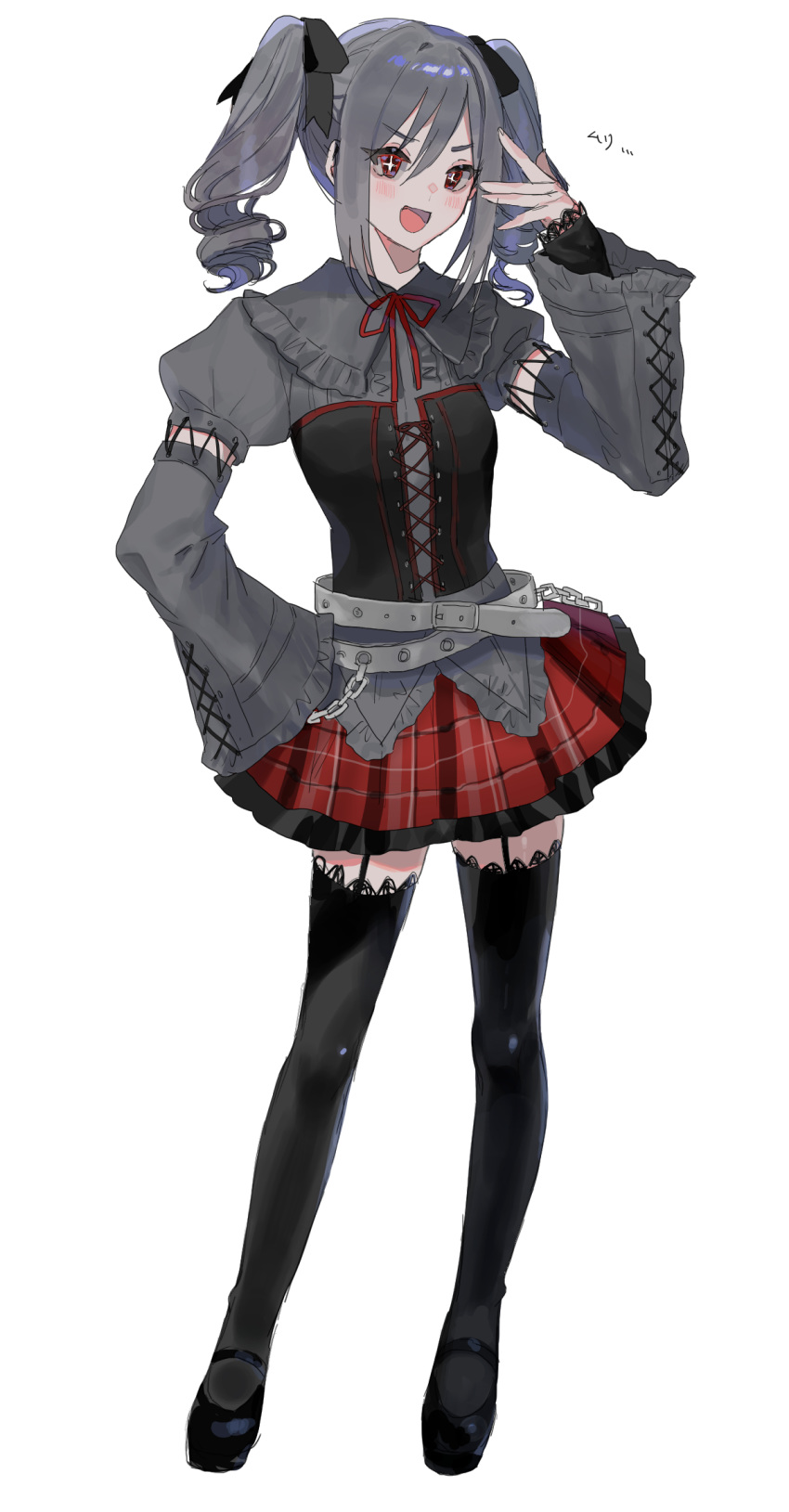 1girl belt belt_chain black_footwear black_ribbon collar corset detached_sleeves drill_hair eyebrows_visible_through_hair frilled_collar frilled_sleeves frills full_body garter_straps hair_ribbon hand_on_hip hand_up highres idolmaster idolmaster_cinderella_girls kanzaki_ranko lace lace-trimmed_legwear lace_trim long_sleeves nima_(nimamann) open_mouth plaid plaid_skirt puffy_short_sleeves puffy_sleeves red_eyes red_ribbon ribbon short_sleeves silver_hair skirt solo sparkling_eyes thigh-highs twin_drills white_background