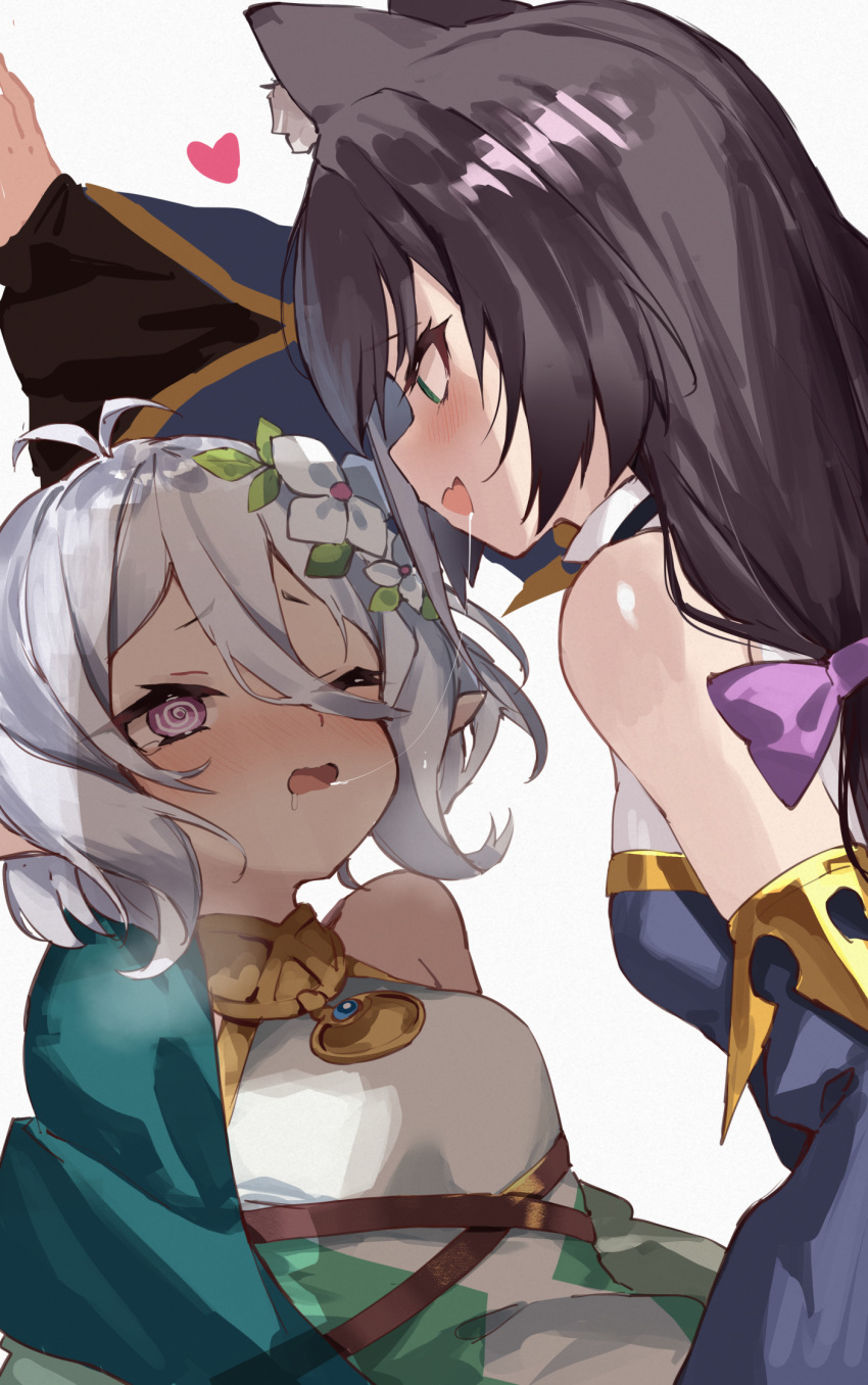 2girls @_@ after_kiss animal_ear_fluff animal_ears antenna_hair black_hair blush bow cat_ears commentary_request detached_sleeves eyebrows_visible_through_hair fang flower green_eyes hair_between_eyes hair_bow hair_flower hair_ornament heart highres karyl_(princess_connect!) kokkoro_(princess_connect!) long_hair multiple_girls one_eye_closed open_mouth pink_bow pointy_ears princess_connect! princess_connect!_re:dive saliva saliva_trail short_hair simple_background skin_fang tears white_background white_hair yuri yuuuuu