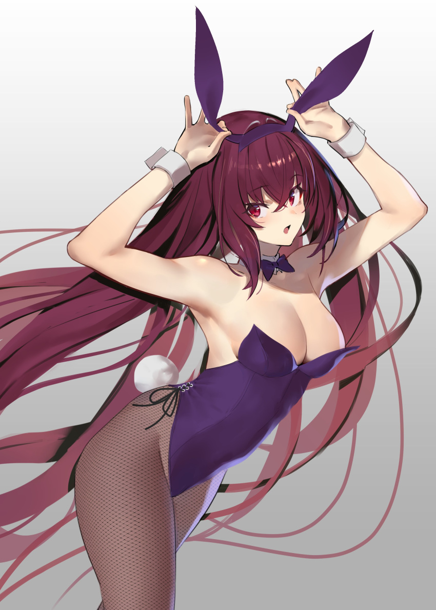 1girl absurdres animal_ears armpits arms_up bangs blush breasts bunny_tail bunnysuit detached_collar fake_animal_ears fate/grand_order fate_(series) fishnet_legwear fishnets gradient gradient_background hair_between_eyes highleg highleg_leotard highres jikatarou large_breasts leotard long_hair looking_at_viewer open_mouth pantyhose purple_hair purple_leotard rabbit_ears red_eyes scathach_(fate)_(all) scathach_(fate/grand_order) tail thighs wrist_cuffs