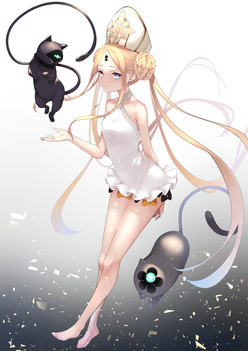 1girl abigail_williams_(swimsuit_foreigner)_(fate) absurdres animal arm_behind_back bangs bare_arms bare_legs bare_shoulders barefoot black_bow black_cat blonde_hair blue_eyes bow braid braided_bun breasts cat cat_tail closed_mouth collarbone commentary_request double_bun facial_mark facing_viewer fate_(series) floating_hair forehead forehead_mark frills full_body gradient gradient_background grey_background hair_behind_ear hat highres keyhole kyoken legs legs_together long_hair looking_at_viewer multiple_bows orange_bow parted_bangs polka_dot polka_dot_bow sidelocks signature small_breasts smile solo swimsuit tail very_long_hair white_headwear