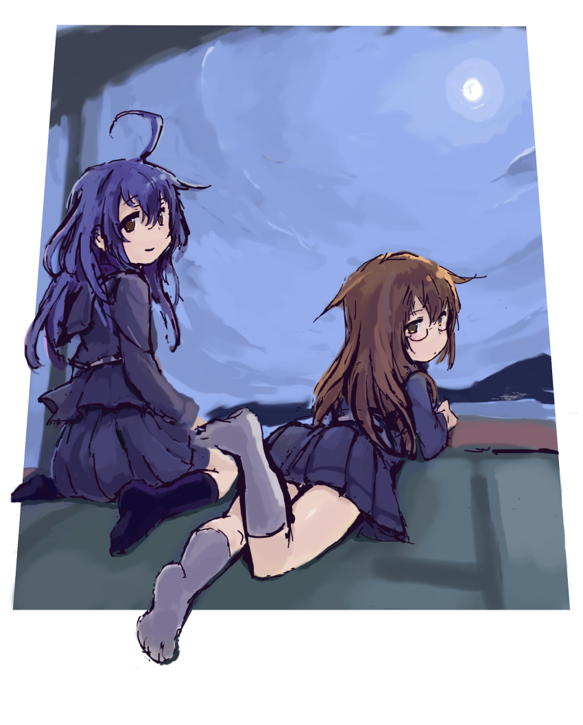 2girls black_hair black_legwear black_serafuku brown_hair closed_mouth full_moon glasses grey_legwear highres kantai_collection kneehighs long_hair long_sleeves lying mikazuki_(kantai_collection) mochizuki_(kantai_collection) moon multiple_girls night on_stomach open_mouth outdoors red-framed_eyewear sailor_collar school_uniform serafuku sitting sowamame