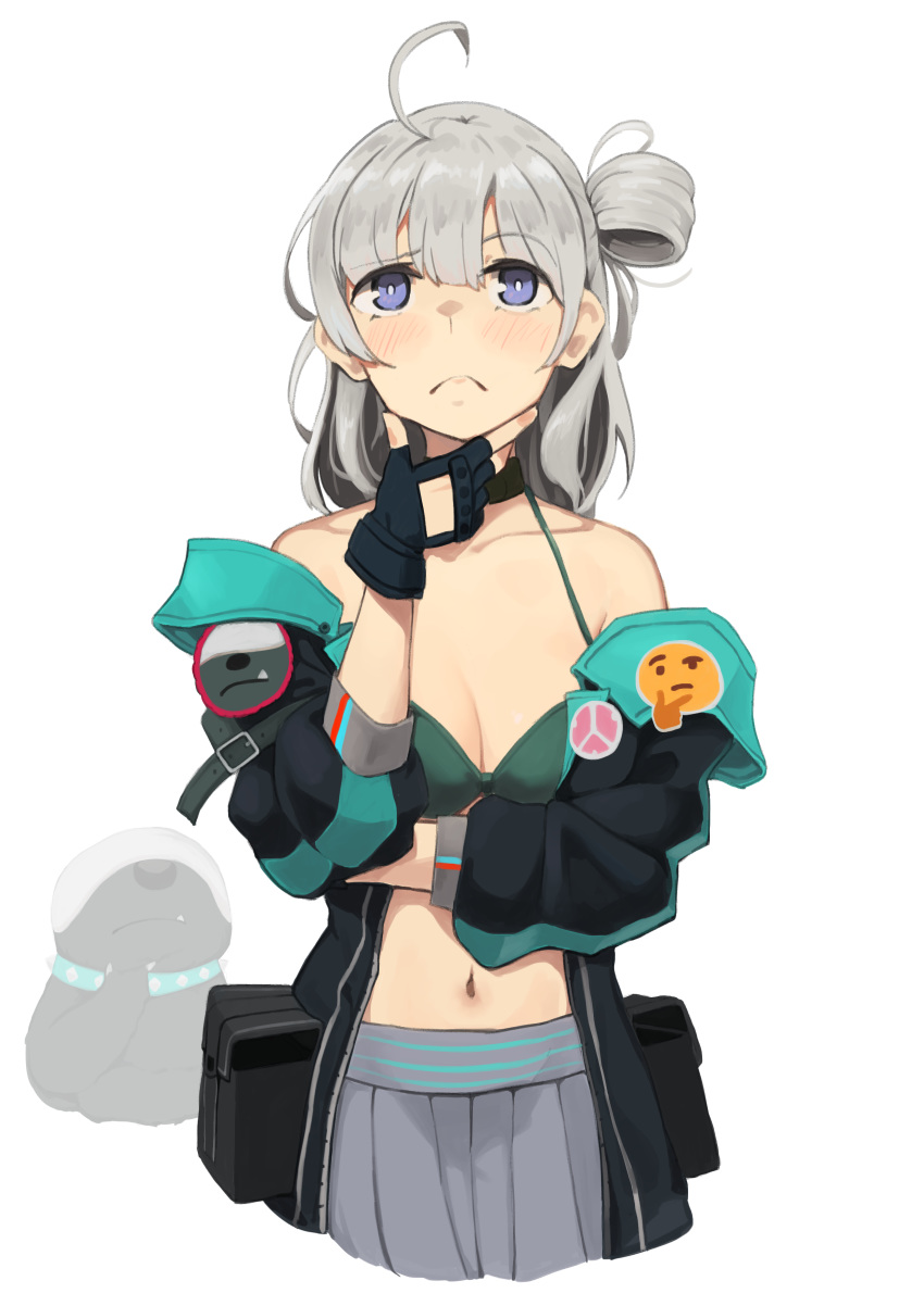 1girl absurdres ahoge blue_eyes blush breasts commission commissioner_upload girls_frontline grey_hair highres honey_badger honey_badger_(girls_frontline) kion-kun medium_breasts medium_hair navel solo thinking