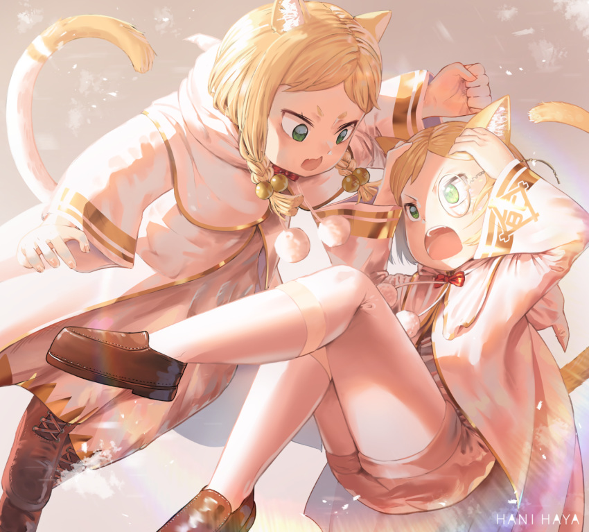 2girls :d :o animal_ears artist_name blonde_hair brown_footwear cat_ears cat_tail clenched_hand eye_contact fight green_eyes hair_bobbles hair_ornament hand_up hani_haya highres looking_at_another mimi_pearlbaton monocle multiple_girls open_mouth pom_pom_(clothes) re:zero_kara_hajimeru_isekai_seikatsu short_hair sidelocks sitting smile tail tivey_pearlbaton wide_sleeves