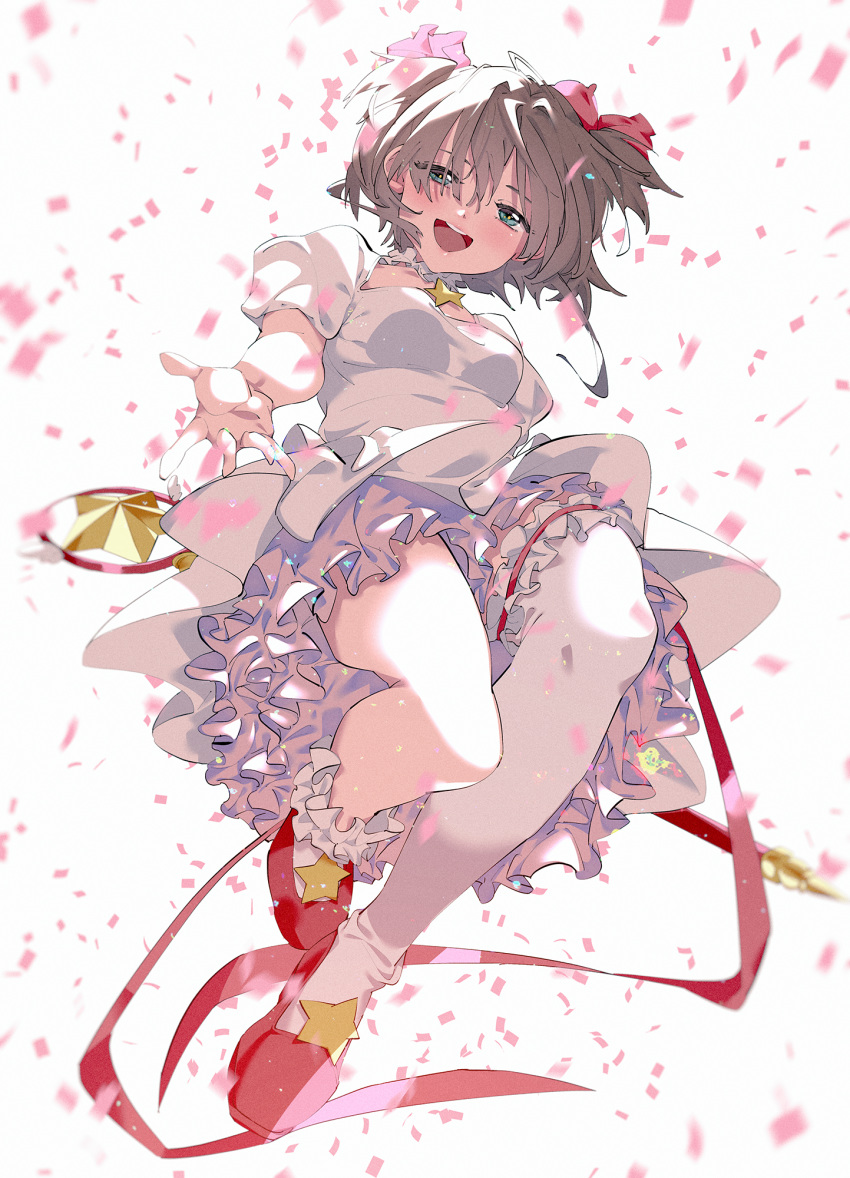 1girl :d aqua_eyes blurry blurry_foreground brown_hair cardcaptor_sakura confetti depth_of_field dress frilled_dress frills from_below full_body green_eyes hair_ribbon highres hoshi_no_tsue jumping kinomoto_sakura looking_at_viewer open_mouth outstretched_hand petticoat pink_footwear pink_ribbon red_footwear red_ribbon ribbon shiomi_(lowrise) shoes short_hair single_thighhigh smile solo star_(symbol) thigh-highs two_side_up wand white_background white_dress white_legwear